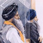 Verdachten Ripudaman Singh Malik en Ajaib Singh Bagri op een tekening tijdens hun proces in Vancouver.