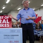 De Canadese premier Stephen Harper tijdens een campagnebijeenkomst voor de parlementsverkiezingen (foto Canadian Press)