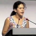 Severn Cullis-Suzuki aan het woord bij de Earth Summit in Rio de Janeiro in 1992.